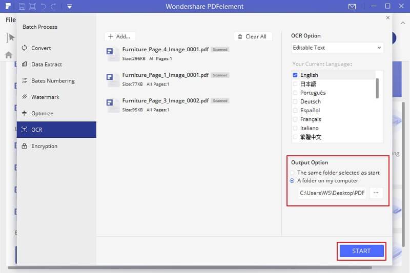 Add PDF Files Here section allows you to import multiple files for OCR processing